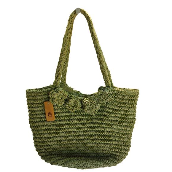Etienne Aigner Handbags - Vintage Y2K Etienne Aigner Natural Straw Woven Handbag Flower Coastal Indie Boho